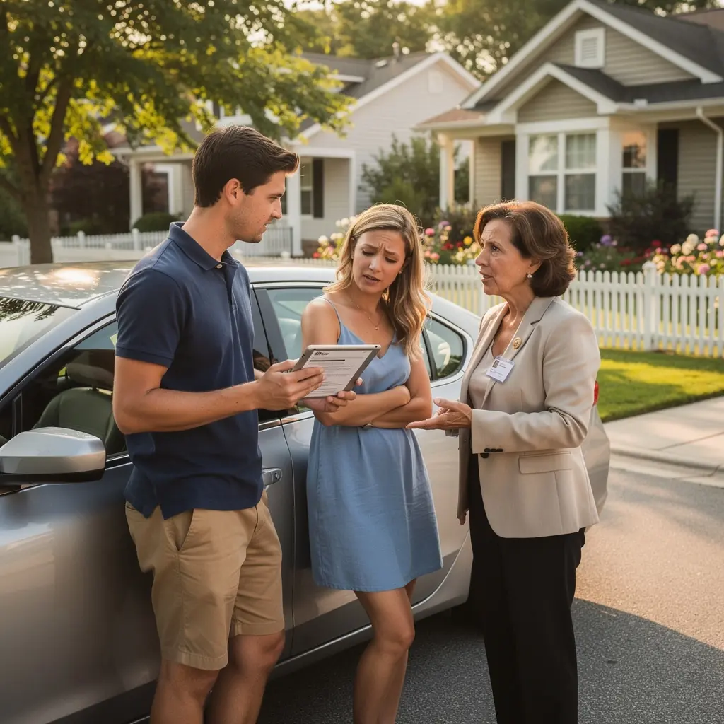 Страховой полис для водителей с изображением автомобиля на фоне городской улицы.